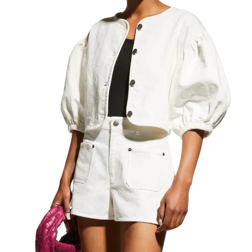 Tanya Taylor Samantha White Puff Sleeve Denim Jacket
